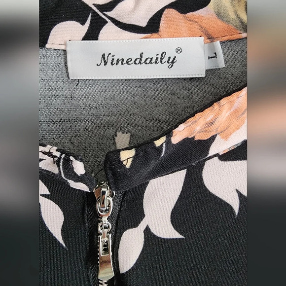 Ninedaily Women's 1/4 zip Pullover Floral Short Sleeve Blouse Sz L - Picture 6 of 10